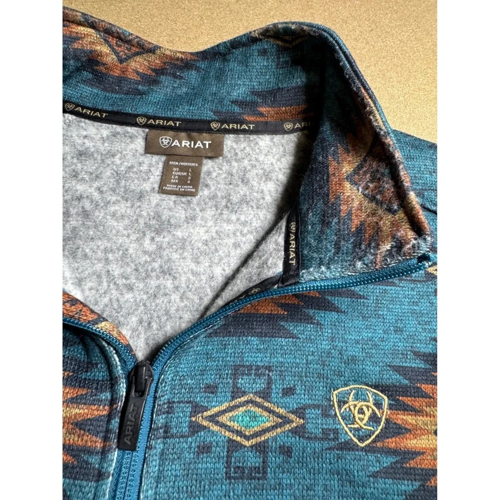 Ariat Mens Large Teal Blue Aztec Southwestern Quarter Zip Fleece Pullover Jacket